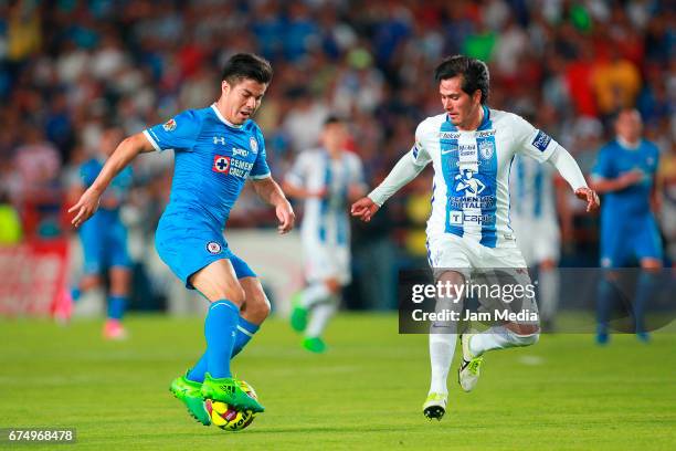 Francisco Silva of Cruz Azul and Jorge Hernandez of Pachuca fight for the ball during a match between Pachuca and Cruz Azul as part of the the...