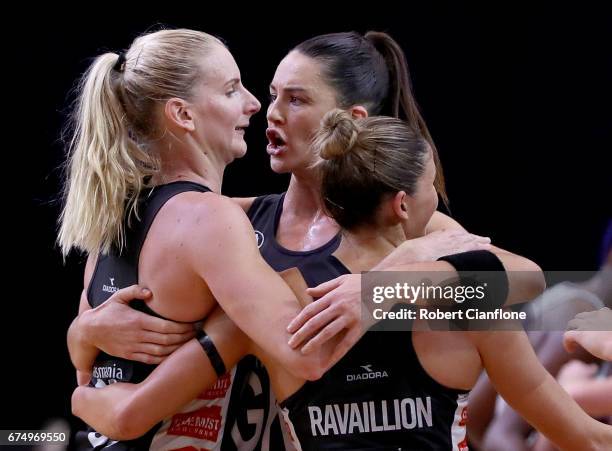 The Magpies celebrate after they defeated the Firebirds during the round 10 Super Netball match between the Magpies and the Firebirds at the...