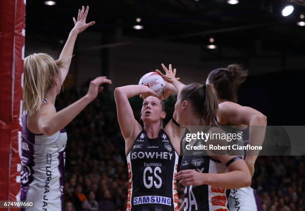 Caitlin Thwaites of the Magpies shoots during the round 10 Super Netball match between the Magpies and the Firebirds at the Silverdome on April 30,...