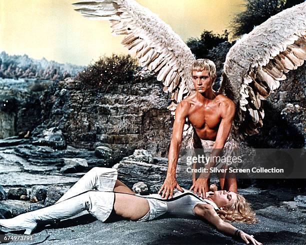 American actress Jane Fonda as Barbarella and actor John Phillip Law as the blind angel Pygar in the science fiction/fantasy film 'Barbarella',...