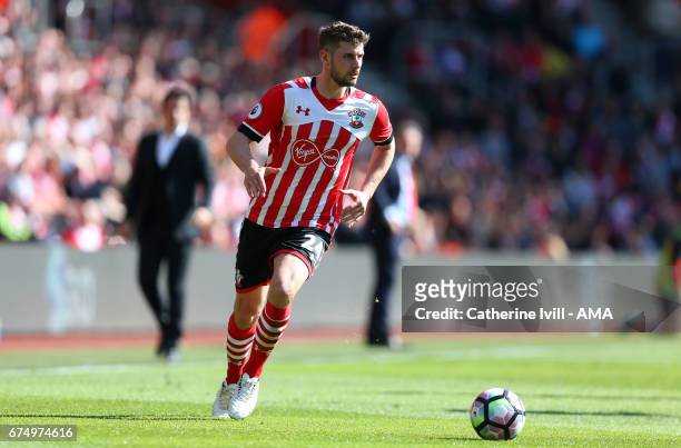 Jack Stephens of Southampton during the Premier League match between Southampton and Hull City at St Mary's Stadium on April 29, 2017 in Southampton,...