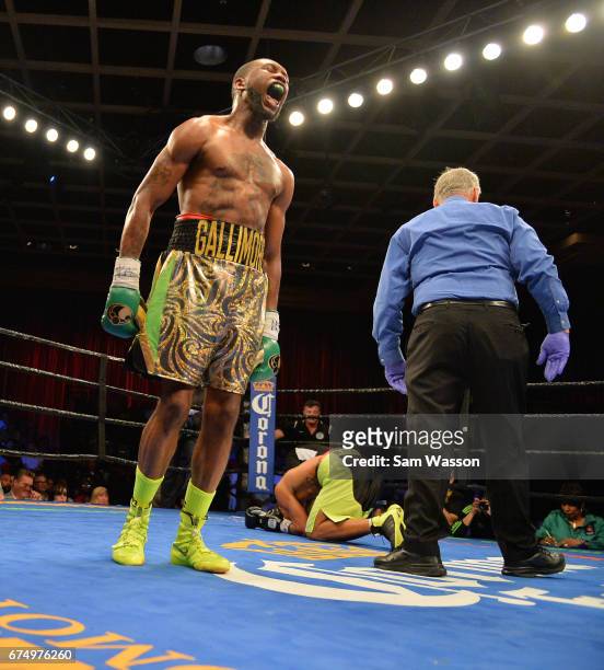 Nathaniel Gallimore celebrates after knocking down Jeison Rosario during their middleweight fight at Sam's Town Hotel & Gambling Hall on April 29,...