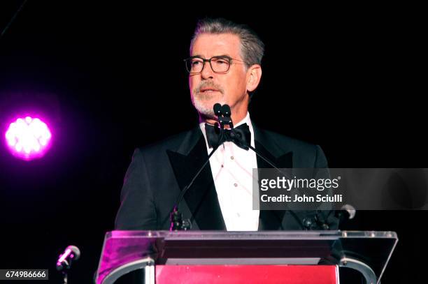 Pierce Brosnan speaks at the MOCA Gala 2017 honoring Jeff Koons at The Geffen Contemporary at MOCA on April 29, 2017 in Los Angeles, California.