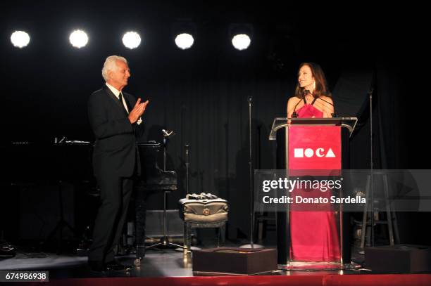 Board Co-Chairs, Maurice Marciano and Lilly Tartikoff Karatz speak at the MOCA Gala 2017 honoring Jeff Koons at The Geffen Contemporary at MOCA on...