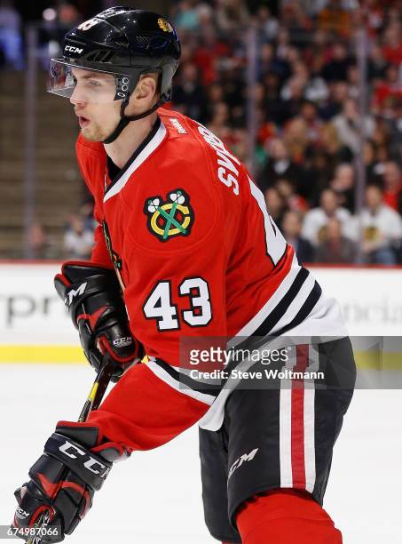 Viktor Svedberg of the Chicago Blackhawks plays in the game against the St. Louis Blues at the United Center on April 7, 2016 in Chicago, Illinois.
