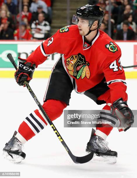 Viktor Svedberg of the Chicago Blackhawks plays in the game against the St. Louis Blues at the United Center on April 7, 2016 in Chicago, Illinois.