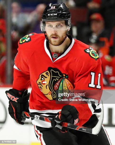 Andrew Desjardins of the Chicago Blackhawks plays in the game against the St. Louis Blues at the United Center on April 7, 2016 in Chicago, Illinois.