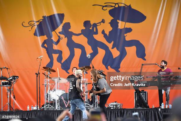 Musicians Matt Flynn, Adam Levine, James Valentine and PJ Morton of Maroon 5 perform onstage during Day 2 of the 2017 New Orleans Jazz & Heritage...