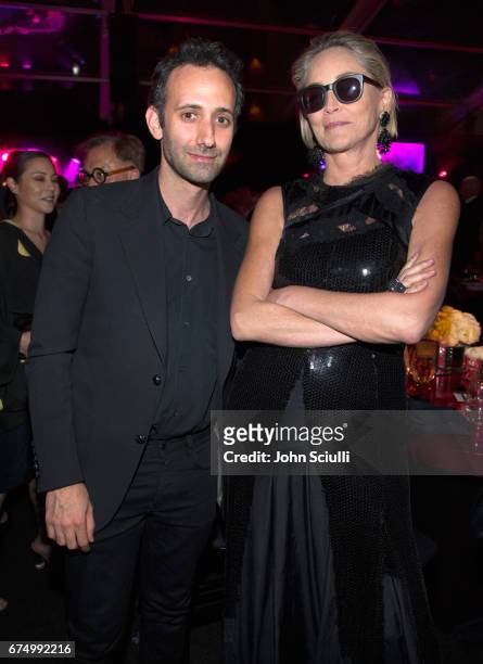 Alex Israel and Sharon Stone at the MOCA Gala 2017 honoring Jeff Koons at The Geffen Contemporary at MOCA on April 29, 2017 in Los Angeles,...