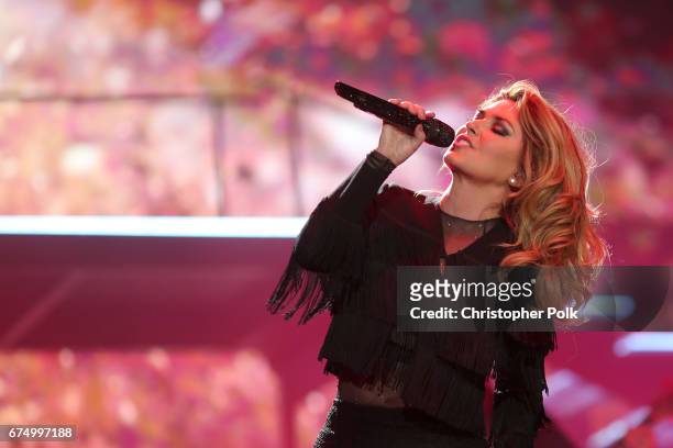Singer Shania Twain performs on the Toyota Mane Stage during day 2 of 2017 Stagecoach California's Country Music Festival at the Empire Polo Club on...