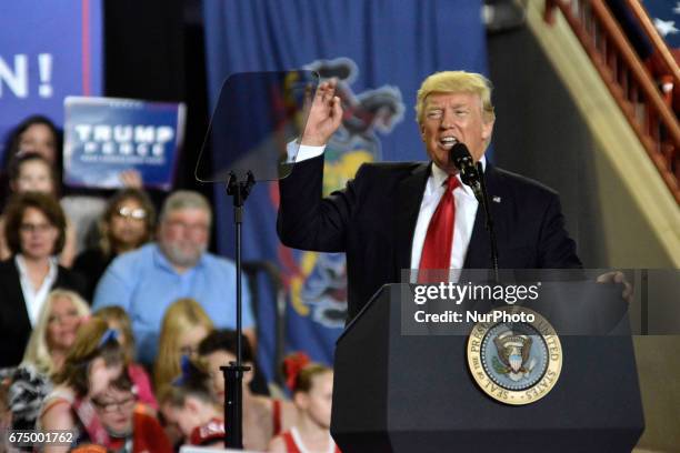 President Donald Trump speaks to thousands at a April 29, 2017 &quot;Make America Great Again&quot; rally in Harrisburg, PA. The Make America Great...
