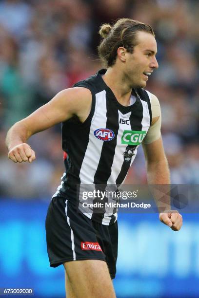 Tim Broomhead of the Magpies celebrates a goal during the round six AFL match between the Geelong Cats and the Collingwood Magpies at Melbourne...