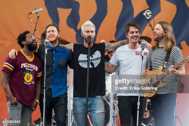 Morton, Jesse Carmichael, Adam Levine, Matt Flynn and James Valentine of Maroon 5 perform during the 2017 New Orleans Jazz & Heritage Festival at...