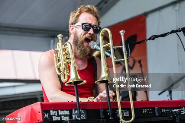 Noah Adams of Dirty Bourbon River Show performs at the New Orleans Jazz & Heritage Festival at Fair Grounds Race Course on April 29, 2017 in New...