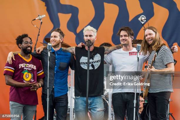 Morton, Jesse Carmichael, Adam Levine, Matt Flynn and James Valentine of Maroon 5 perform during the 2017 New Orleans Jazz & Heritage Festival at...