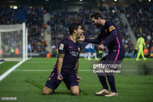 Luis Suarez of FC Barcelona celebrating the first goal of the match with Leo Messi FC Barcelona during the Spanish championship Liga football match...