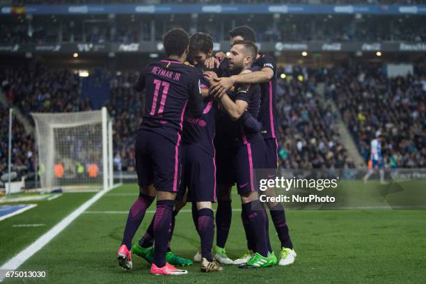 Luis Suarez of FC Barcelona celebrating the first goal of the match with his team mates during the Spanish championship Liga football match between...