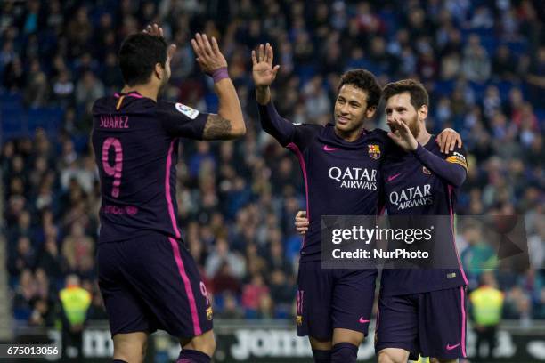 Luis Suarez of FC Barcelona celebrating the second goal of the match with Leo Messi FC Barcelona and Neymar da Silva of FC Barcelona during the...