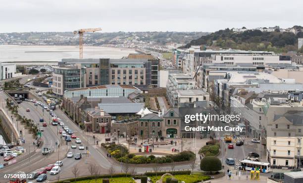 Parts of St Helier is seen from Fort Regent on April 12, 2017 in St Helier, Jersey. Jersey, which is not a member of the European Union, is one of...