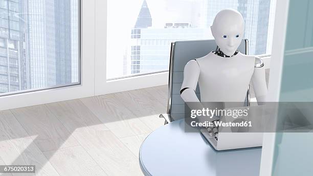 bildbanksillustrationer, clip art samt tecknat material och ikoner med robot on laptop, 3d rendering - robot