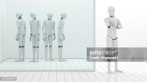 robots out of order, storeroom, one standing at entrance, 3d rendering - waiting room点のイラスト素材／クリップアート素材／マンガ素材／アイコン素材