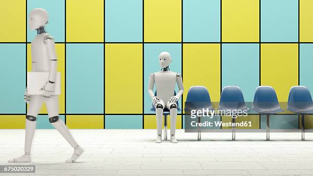 robot sitting on chair in underground station, one walking with laptop - geduld stock-grafiken, -clipart, -cartoons und -symbole