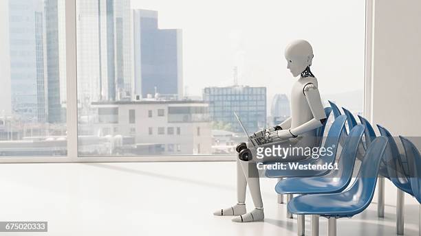 robot sitting in waiting area, using laptop - waiting room点のイラスト素材／クリップアート素材／マンガ素材／アイコン素材