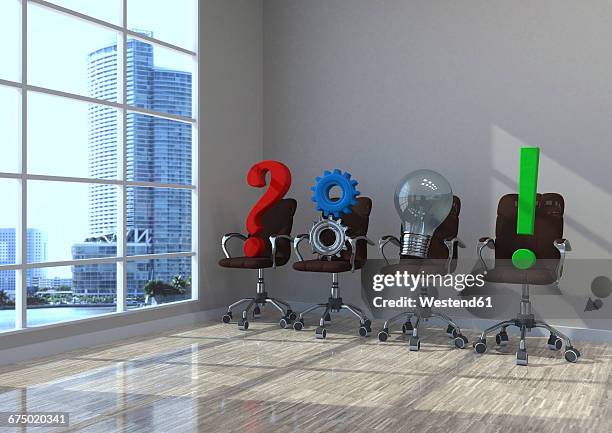 3d illustration, planning concept, swivel chairs with question mark, gears, bulb and exclamation mark in a office - ausrufezeichen stock-grafiken, -clipart, -cartoons und -symbole