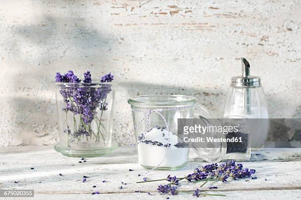 glass of lavender sugar - sugar jar stock pictures, royalty-free photos & images