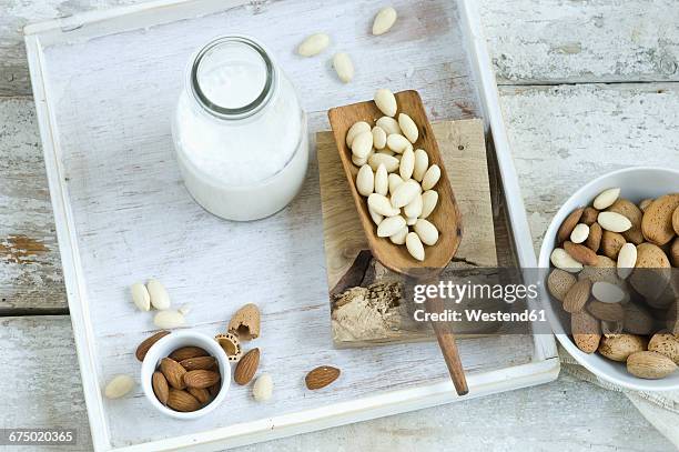 glass bottle of homemade almond milk, whole and cracked almonds - almond milk stock-fotos und bilder