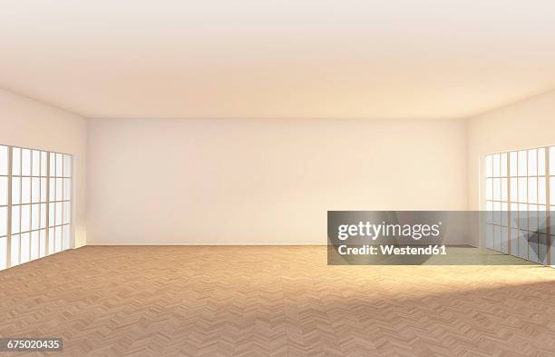 ilustraciones, imágenes clip art, dibujos animados e iconos de stock de empty room with parquet, 3d rendering - techo