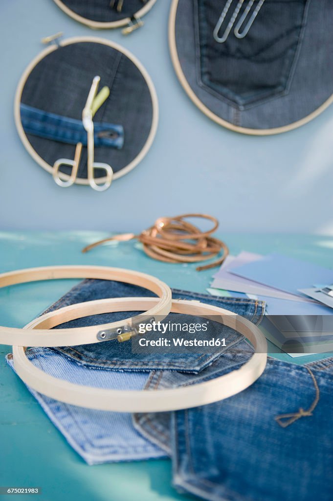 DIY, pinboard, embroidery frame, denim