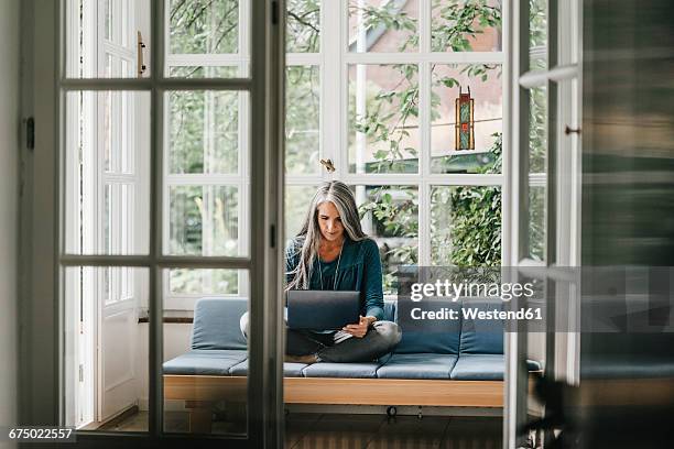 woman sitting on lounge in winter garden using laptop - middle aged woman at home stock-fotos und bilder