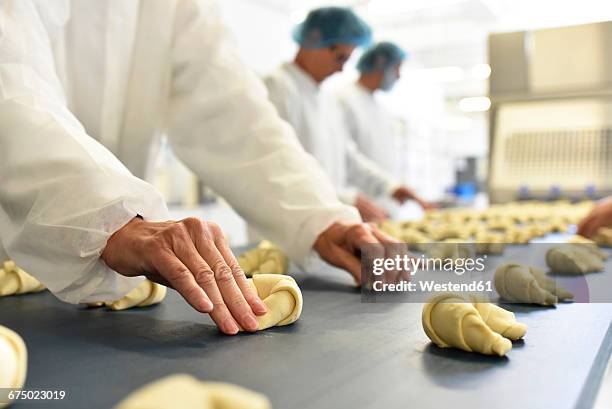 workers at production line in a baking factory with croissants - nahrungsmittelfabrik stock-fotos und bilder