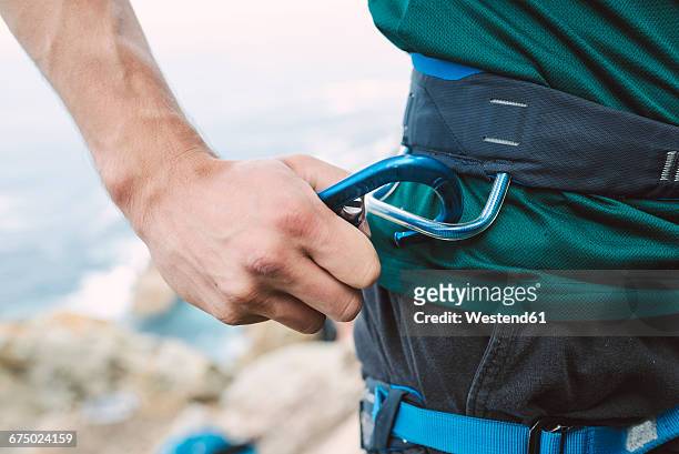 close-up of climber placing a carabiner in his climbing harness - カラビナ ストックフォトと画像