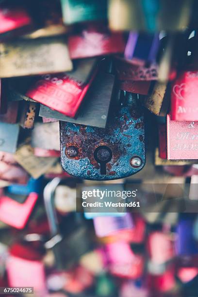 love locks, close-up - entsättigt stock-fotos und bilder