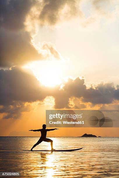 thailand, man doing yoga on paddleboard at sunset, bridge position, warrior pose - standup paddleboarding stock pictures, royalty-free photos & images