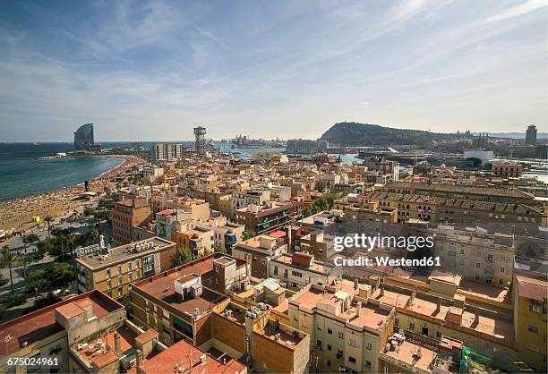 spain, barcelona, aerial view of la barceloneta - urban beach stockfoto's en -beelden