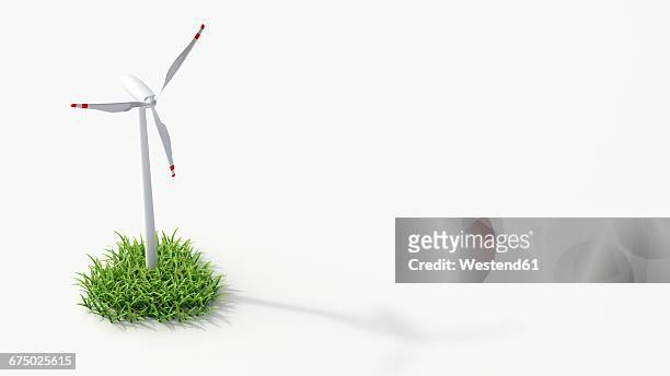 illustrazioni stock, clip art, cartoni animati e icone di tendenza di wind turbine on grass, 3d rendering - turbina a vento