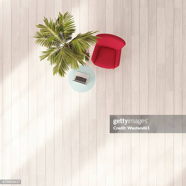 red armchair, palm, table with laptop, 3d rendering - chaise点のイラスト素材／クリップアート素材／マンガ素材／アイコン素材