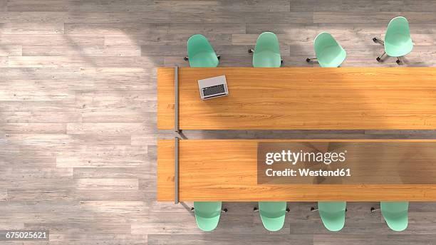 meeting table with laptop, 3d rendering - office space no people stock illustrations