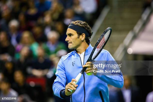 Roger Federer of Switzerland warms up at the Match For Africa 4 exhibition match at KeyArena on April 29, 2017 in Seattle, Washington.