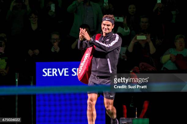 Roger Federer of Switzerland enters the tennis court at the Match For Africa 4 exhibition match at KeyArena on April 29, 2017 in Seattle, Washington.