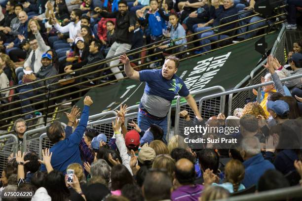 Fan hypes up the crowd at the Match For Africa 4 exhibition match at KeyArena on April 29, 2017 in Seattle, Washington.
