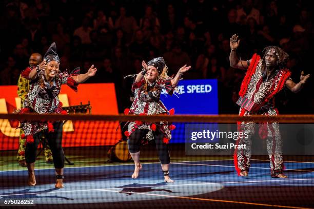 Members of One World Dance and Drum perform at the Match For Africa 4 exhibition match at KeyArena on April 29, 2017 in Seattle, Washington.