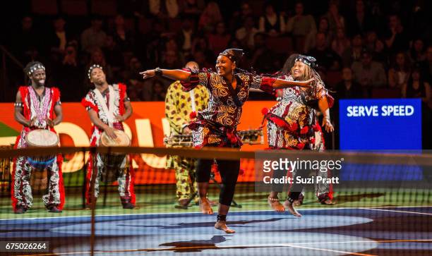 Members of One World Dance and Drum perform at the Match For Africa 4 exhibition match at KeyArena on April 29, 2017 in Seattle, Washington.