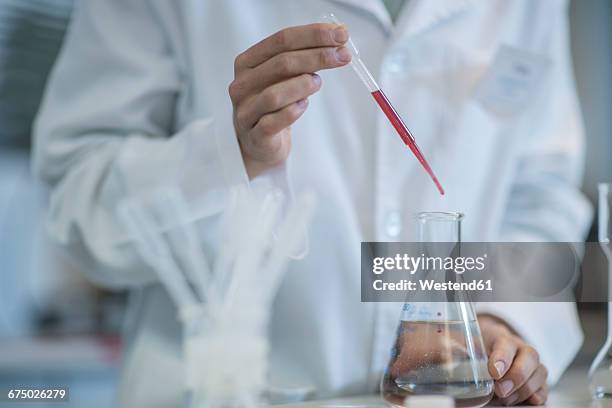 scientist in lab pipetting into erlenmeyer flask - bouteille d'erlenmeyer photos et images de collection