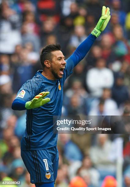 Diego Alves of Valencia reacts during the La Liga match between Real Madrid CF and Valencia CF at Estadio Santiago Bernabeu on April 29, 2017 in...