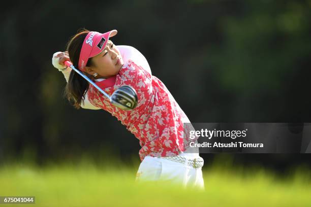 Sakura Kito of Japan hits her tee shot on the 1st hole during the final round of the CyberAgent Ladies Golf Tournament at the Grand Fields Country...