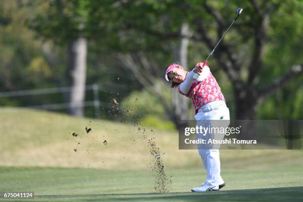 Sakura Kito of Japan hits her second shot on the 1st hole during the final round of the CyberAgent Ladies Golf Tournament at the Grand Fields Country...